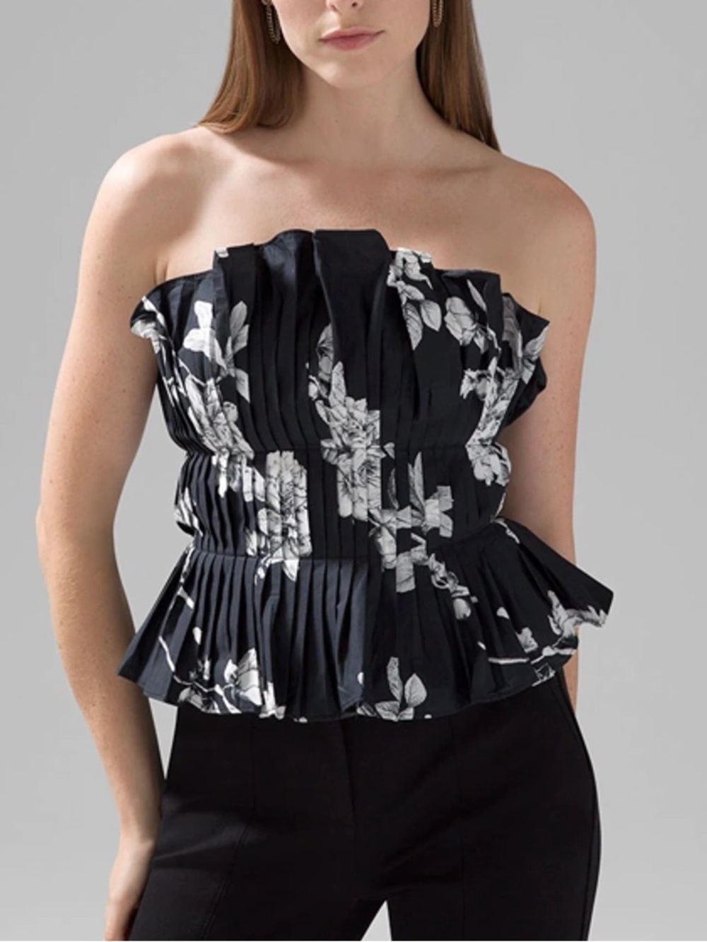White House Black Market Black Floral Pleated Spaghetti-Strap (Removable) Top